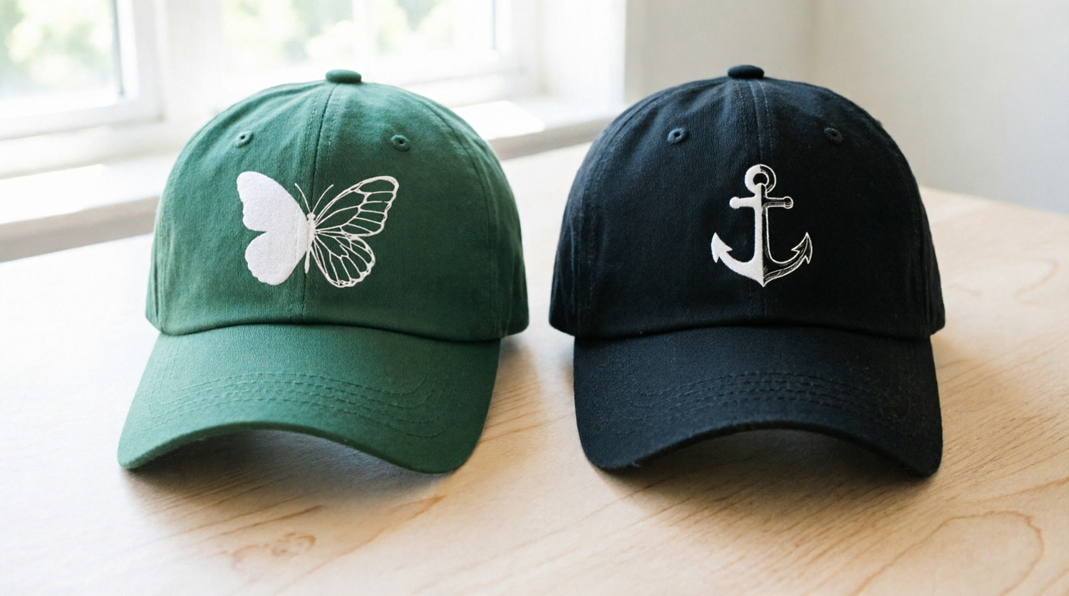 Two Varq caps side by side, green with white butterfly, black with white anchor